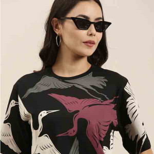 Women Black Conversational Printed Pure Cotton Oversized T-shirt