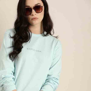 Women Blue Printed Round Neck Oversized T-shirt