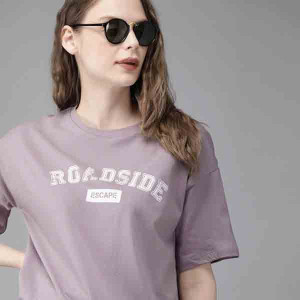 Women Lavender Printed Round Neck Pure Cotton T-shirt