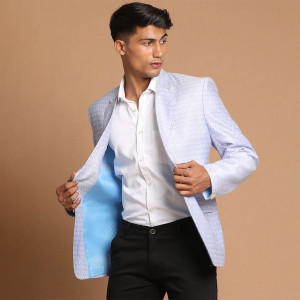 Men Lavender Coloured Self Design Single Breasted Ethnic Blazer